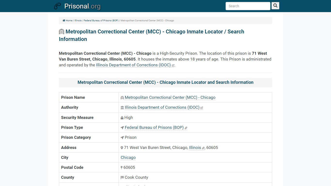 Metropolitan Correctional Center (MCC) - Chicago-Inmate ...